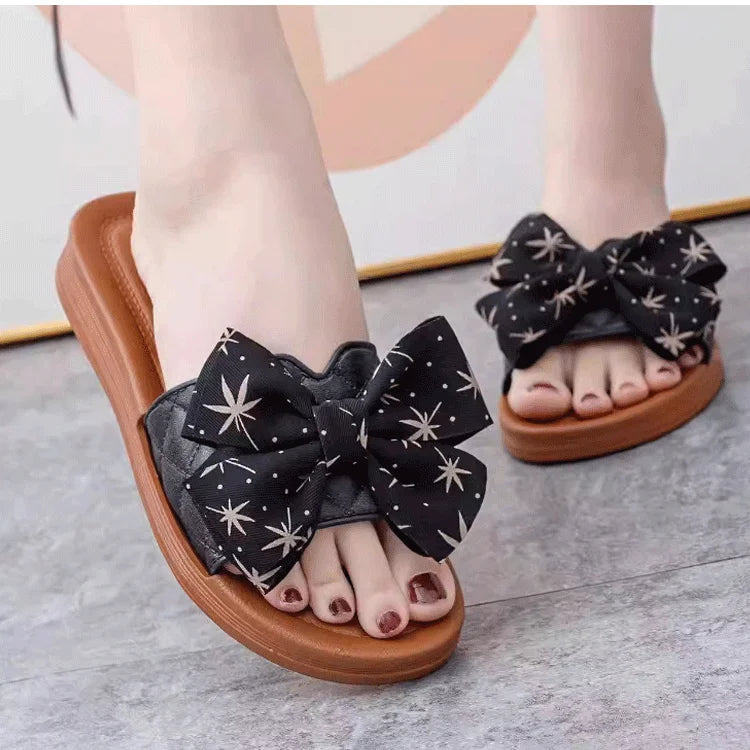 2024 Summer PVC Bow Women Sandals 3cm Thick Casual Shoes One line Elevated Flat Bottom Slippers