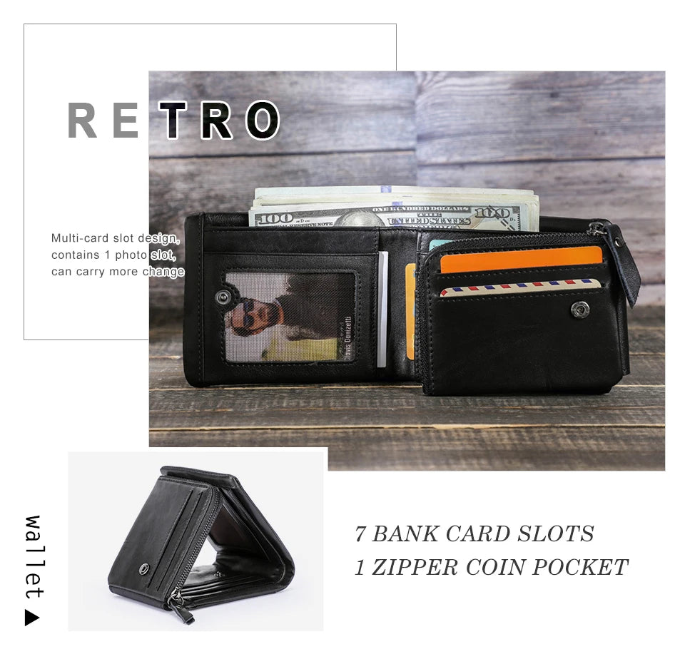 CONTACT'S Genuine Crazy Horse Leather Men Wallets Vintage Trifold Wallet Zip Coin Pocket Purse Cowhide Leather Wallet For Mens