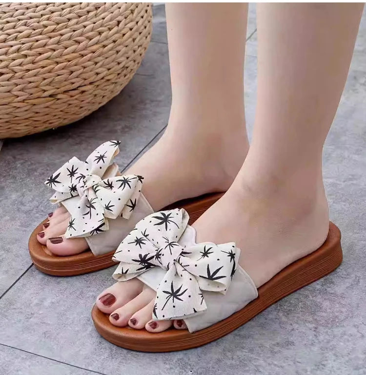 2024 Summer PVC Bow Women Sandals 3cm Thick Casual Shoes One line Elevated Flat Bottom Slippers