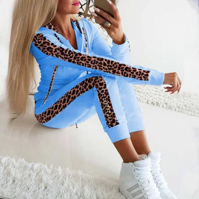 Women's S-5XL Plus Size Autumn and winter new women's leopard print printed zippered hoodie set, sexy home clothing