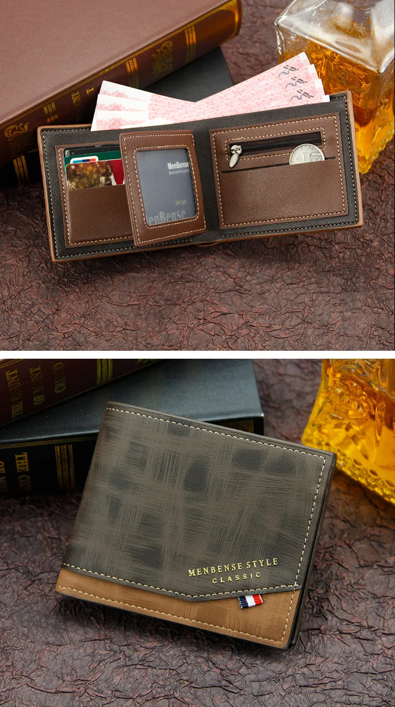 New Men's Wallet Short Cross Section Youth Tri-fold Wallet Stitching Business Multi-card Zipper Coin Purse Wallet Passport Cover