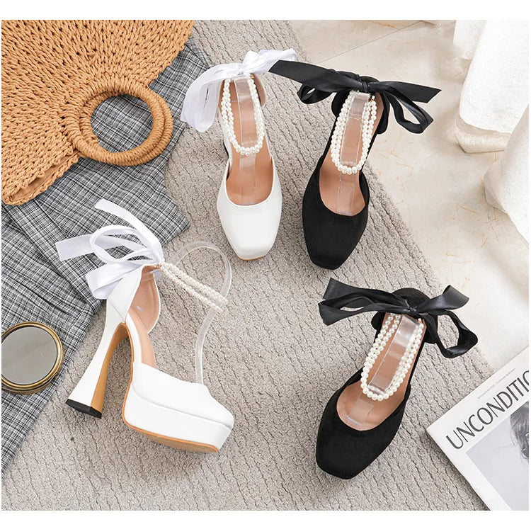 2025 Summer High Heels Womens Sandals Fashion Super High Heels Sandals Bow One Word Buckle Square Head Coarse Heels Ladies Shoes