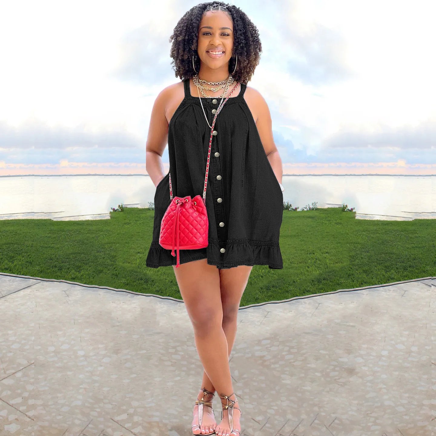 Elegant Women Denim Spaghetti Strap Dress