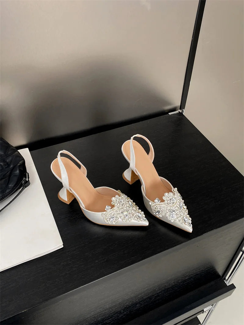 Liyke Spring Summer Fashion Crystal Rhinestone Women Pumps Sexy Pointed Toe Red High Heels Party Wedding Prom Shoe Sandal Female