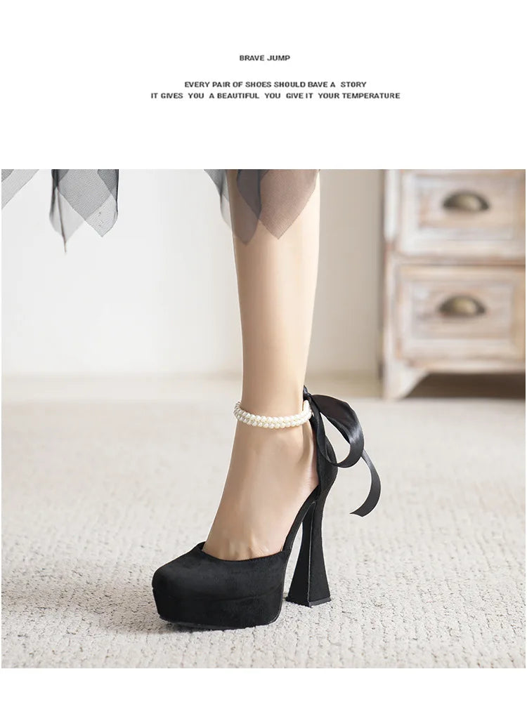 2025 Summer High Heels Womens Sandals Fashion Super High Heels Sandals Bow One Word Buckle Square Head Coarse Heels Ladies Shoes