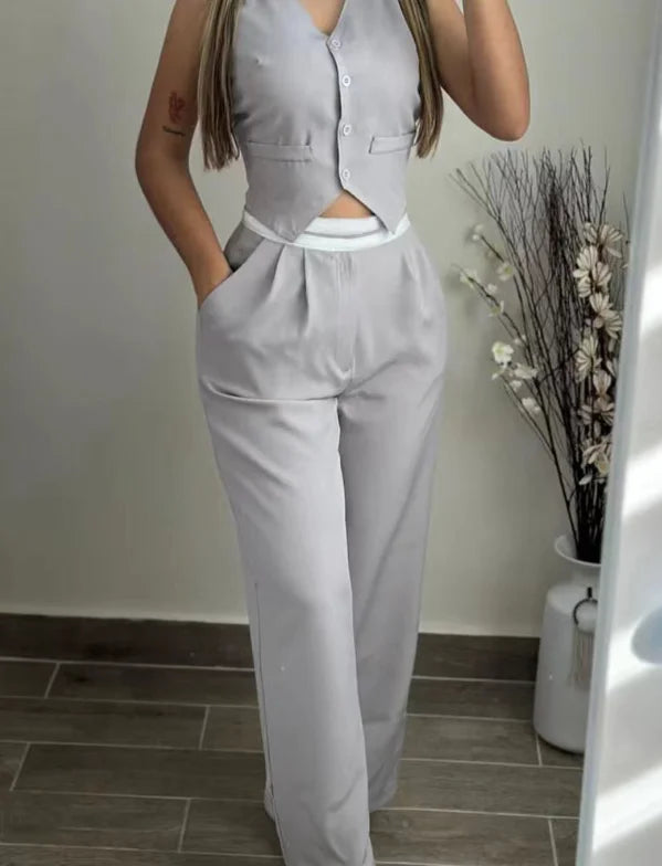 Women's Two Piece Elegant Commuting V-Neck Buttoned Vest Top and Contrast Paneled High Waist Pocket Design Wide Leg Pants Set
