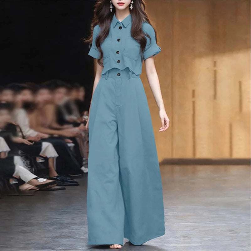 ZANZEA Plus Size 5XL Women Pant Sets Summer Two-piece Outfits Fashion Short Sleeve Shirts and High Waist Wide Leg Pants Suits