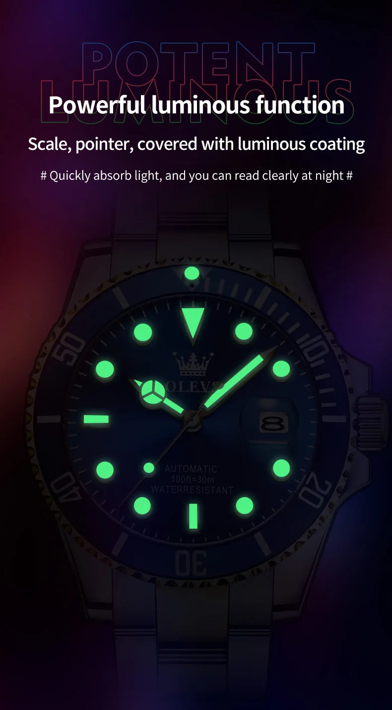 OLEVS 6650 Men Watch Classic Original Automatic Mechanical Watch For Man Zircon Scale Waterproof Luminous Stainless Steel Reloj