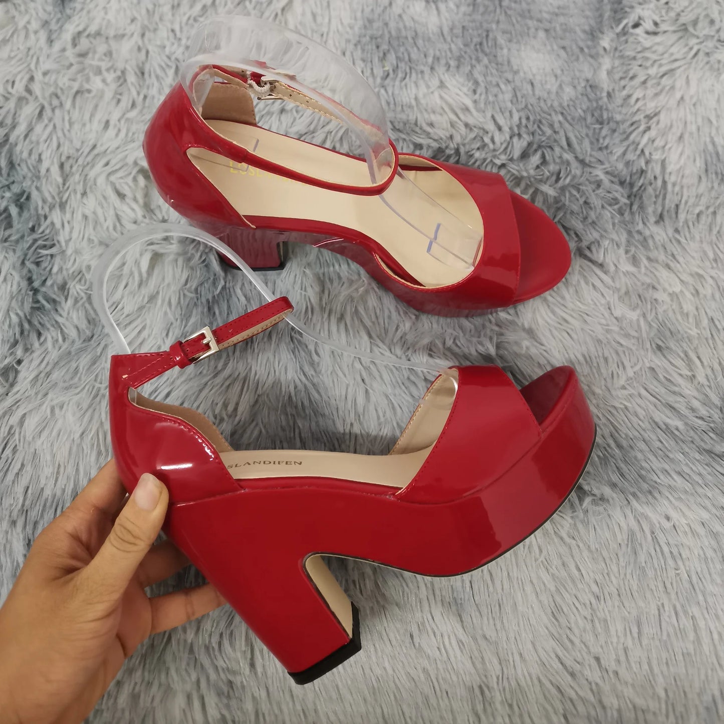 LOSLANDIFEN Women Sandals Summer Colourful Sexy Peep Toe Buckle Strap Sandal Platform Thick High Heels Party Red Wedding Shoes