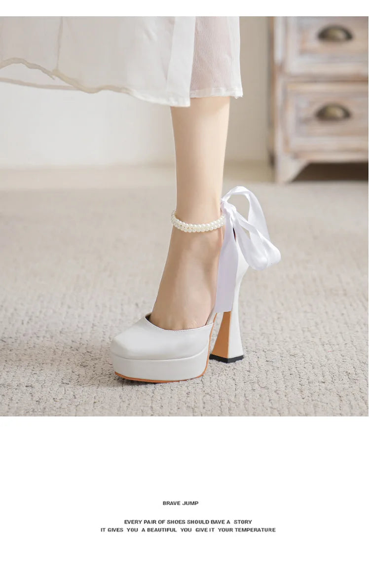 2025 Summer High Heels Womens Sandals Fashion Super High Heels Sandals Bow One Word Buckle Square Head Coarse Heels Ladies Shoes