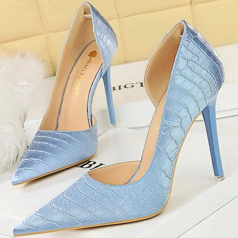 Women 11cm High Heels Retro Green Blue Fashion Catwalk Pumps Lady Silk Satin Heels Stone Pattern Design Shoes Plus Size 34-43