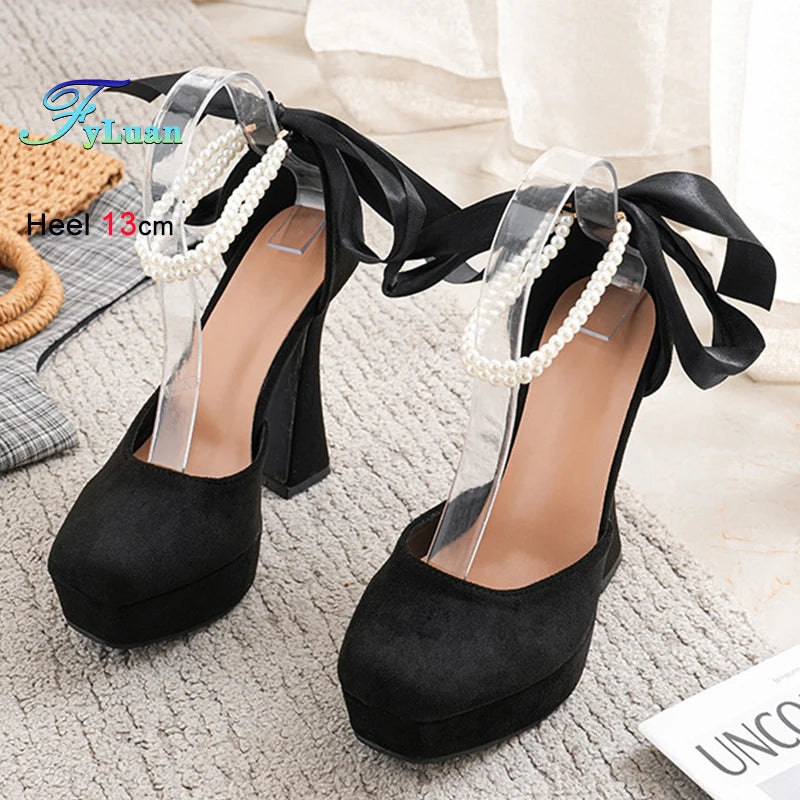 2025 Summer High Heels Womens Sandals Fashion Super High Heels Sandals Bow One Word Buckle Square Head Coarse Heels Ladies Shoes