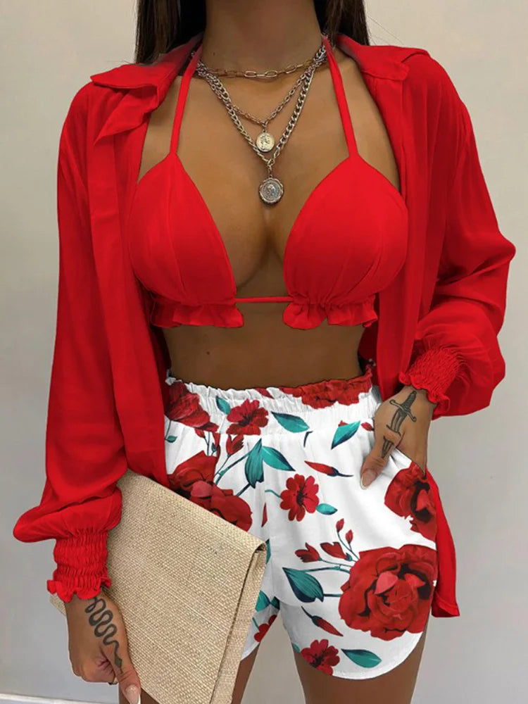 Three Pieces Swimwear Sexy Beachwear High Waist Bikini Set Print Women's Swimsuit