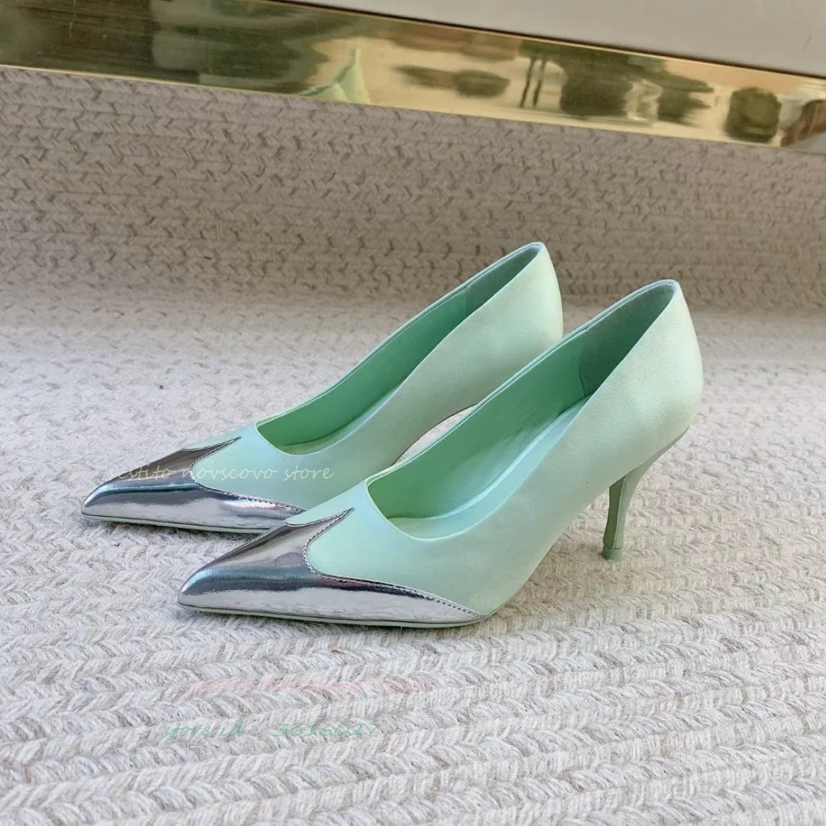 Pointy Toe High Heels Pumps Mirror Effect Leather Patchwork Matt Leather Slip On Classic Summer Office Lady Comfort Sandals