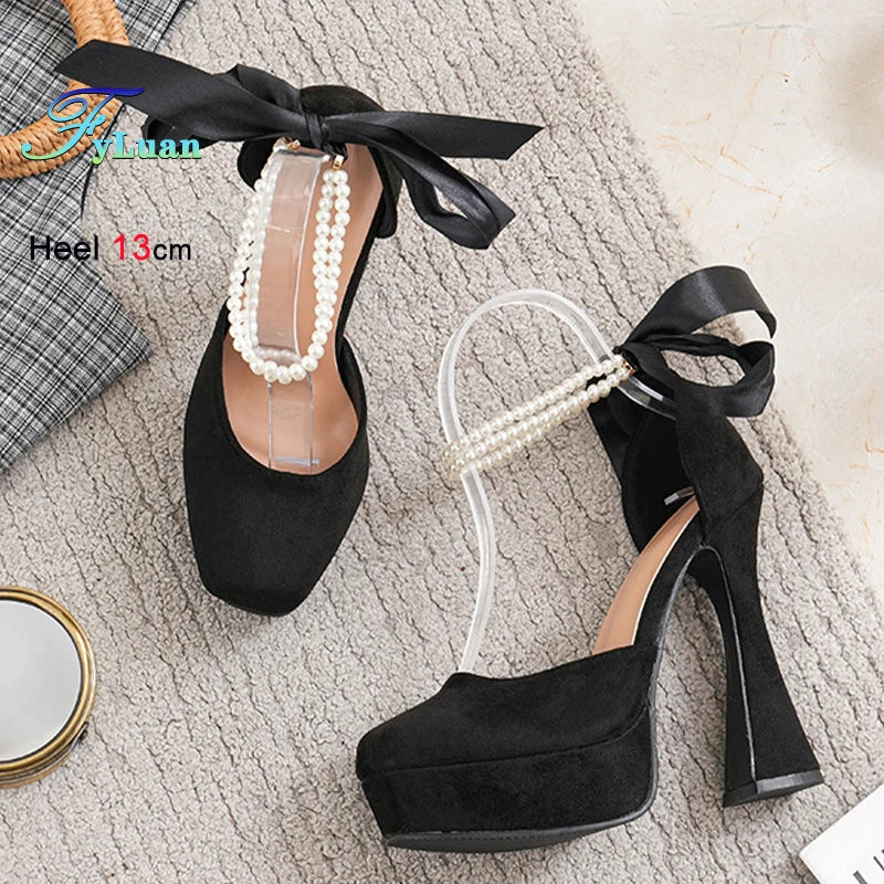 2025 Summer High Heels Womens Sandals Fashion Super High Heels Sandals Bow One Word Buckle Square Head Coarse Heels Ladies Shoes