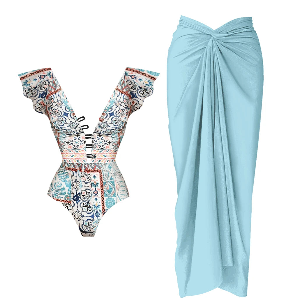 Women Swimsuit with Skirt Beachwear