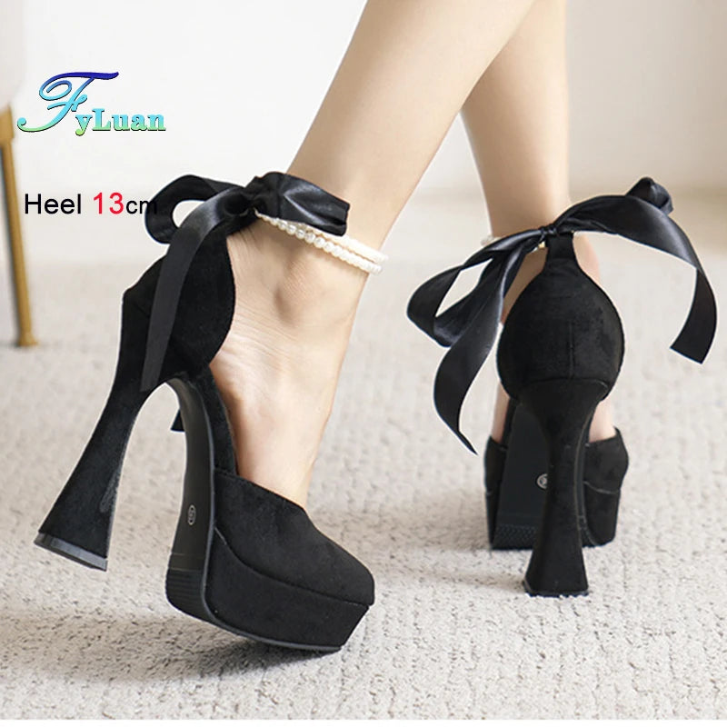 2025 Summer High Heels Womens Sandals Fashion Super High Heels Sandals Bow One Word Buckle Square Head Coarse Heels Ladies Shoes