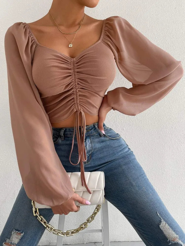 Ladies Summer Casual Drawstring Crop Tops Tee
