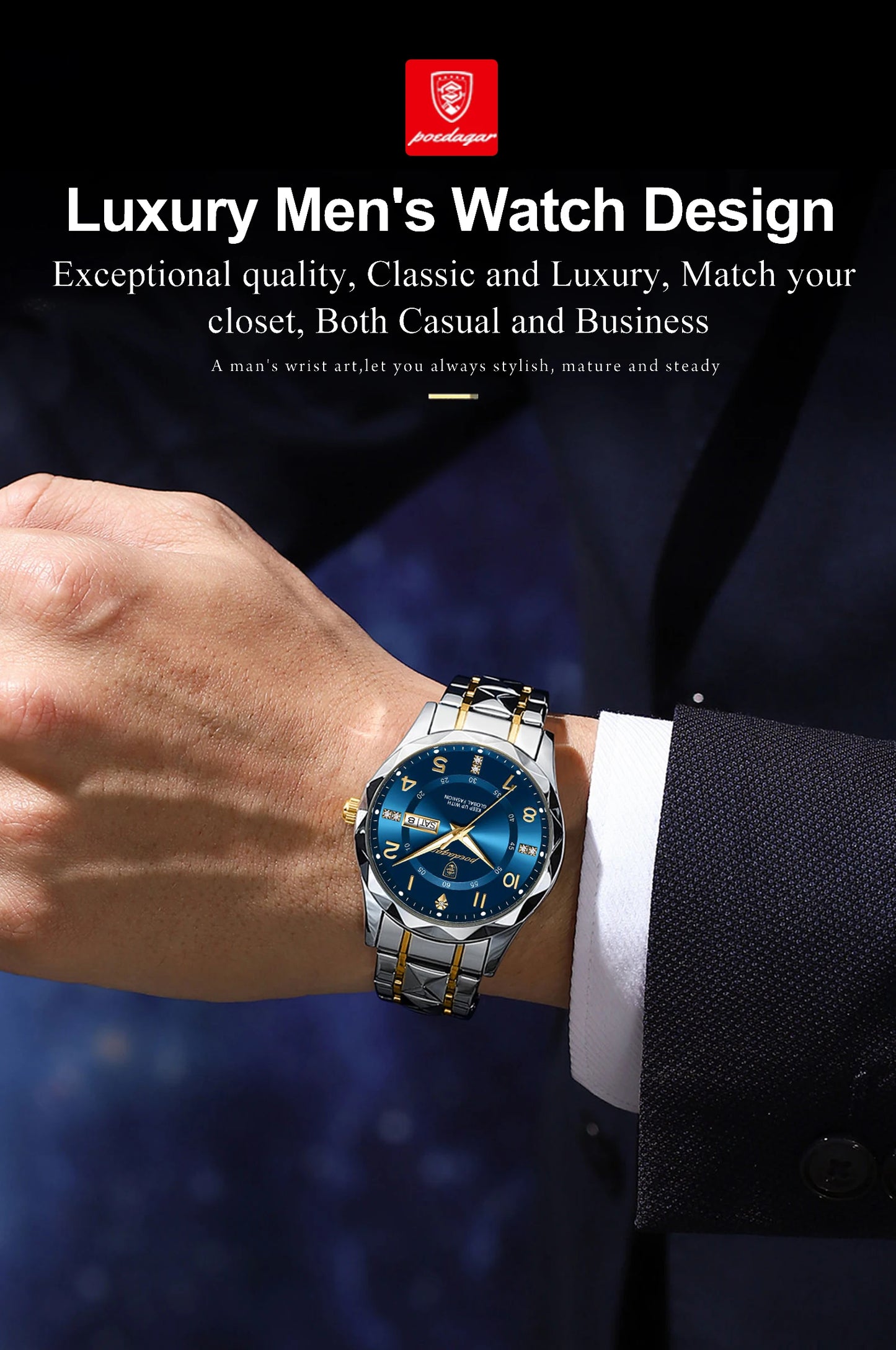 POEDAGAR Luxury Business Men's Wristwatch Stainless Steel Date Week Man Watch Waterproof Luminous Fashion Quartz Watches For Men