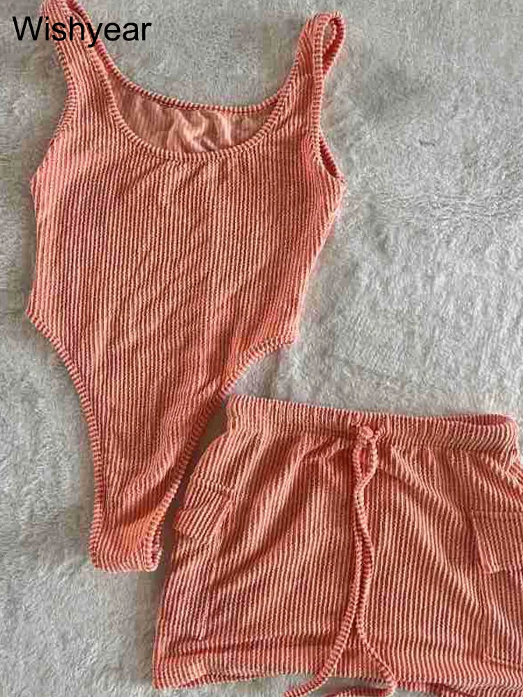 Swimsuit 2 Pieces Set Women Mini Skirts with Pocket Beach Outfits
