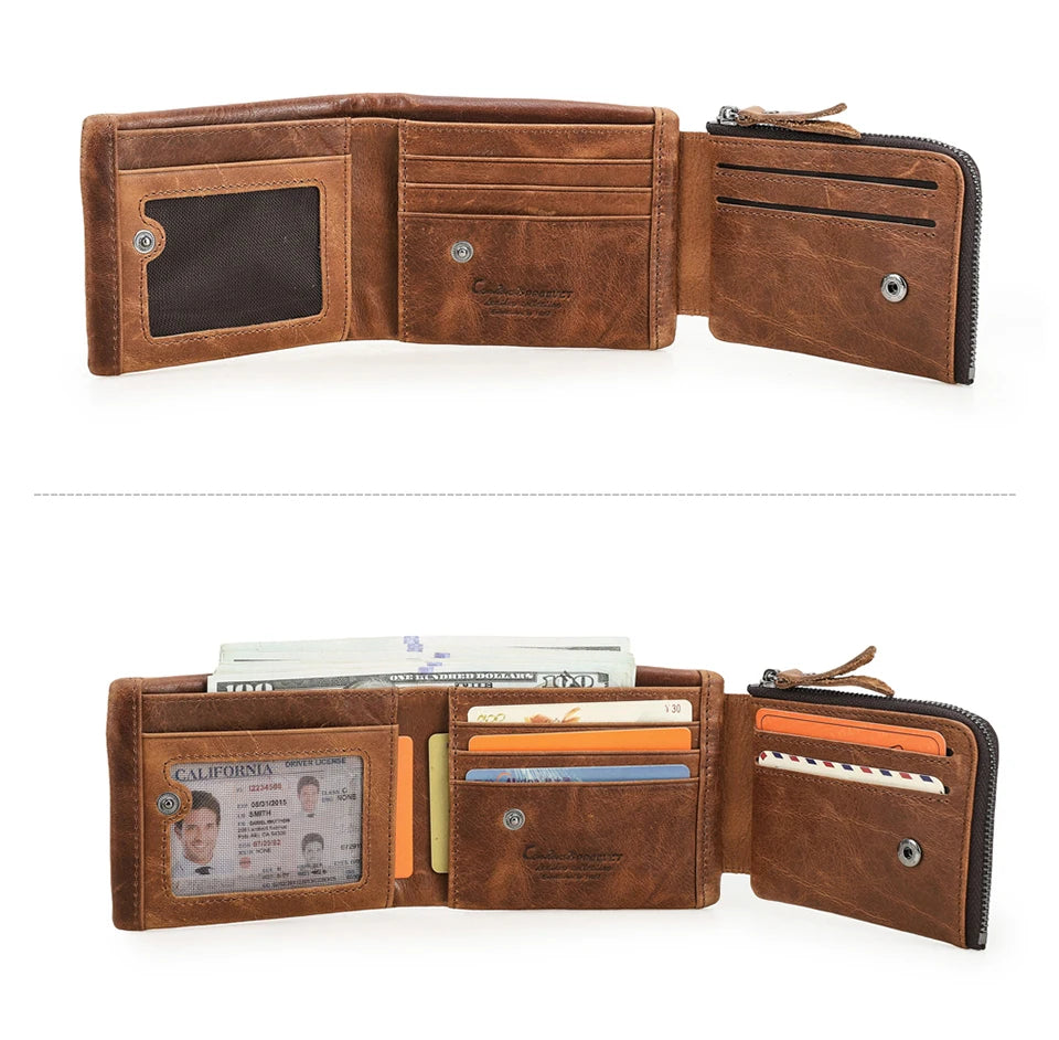 CONTACT'S Genuine Crazy Horse Leather Men Wallets Vintage Trifold Wallet Zip Coin Pocket Purse Cowhide Leather Wallet For Mens