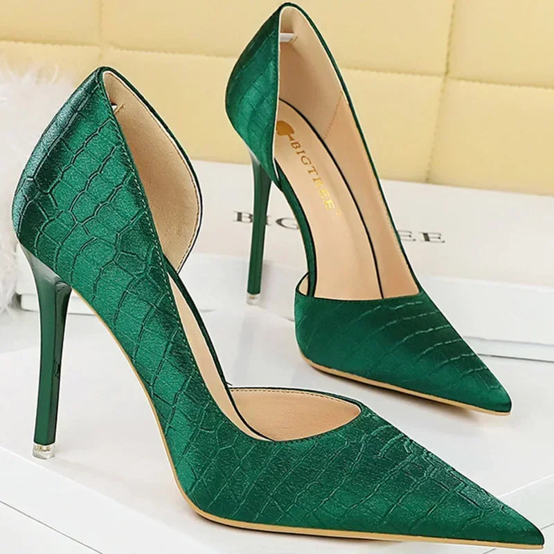 Women 11cm High Heels Retro Green Blue Fashion Catwalk Pumps Lady Silk Satin Heels Stone Pattern Design Shoes Plus Size 34-43