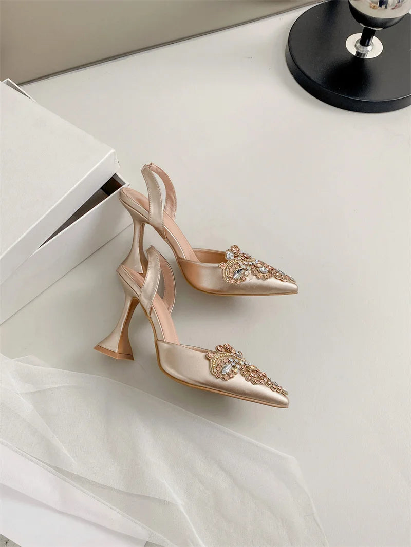 Liyke Spring Summer Fashion Crystal Rhinestone Women Pumps Sexy Pointed Toe Red High Heels Party Wedding Prom Shoe Sandal Female