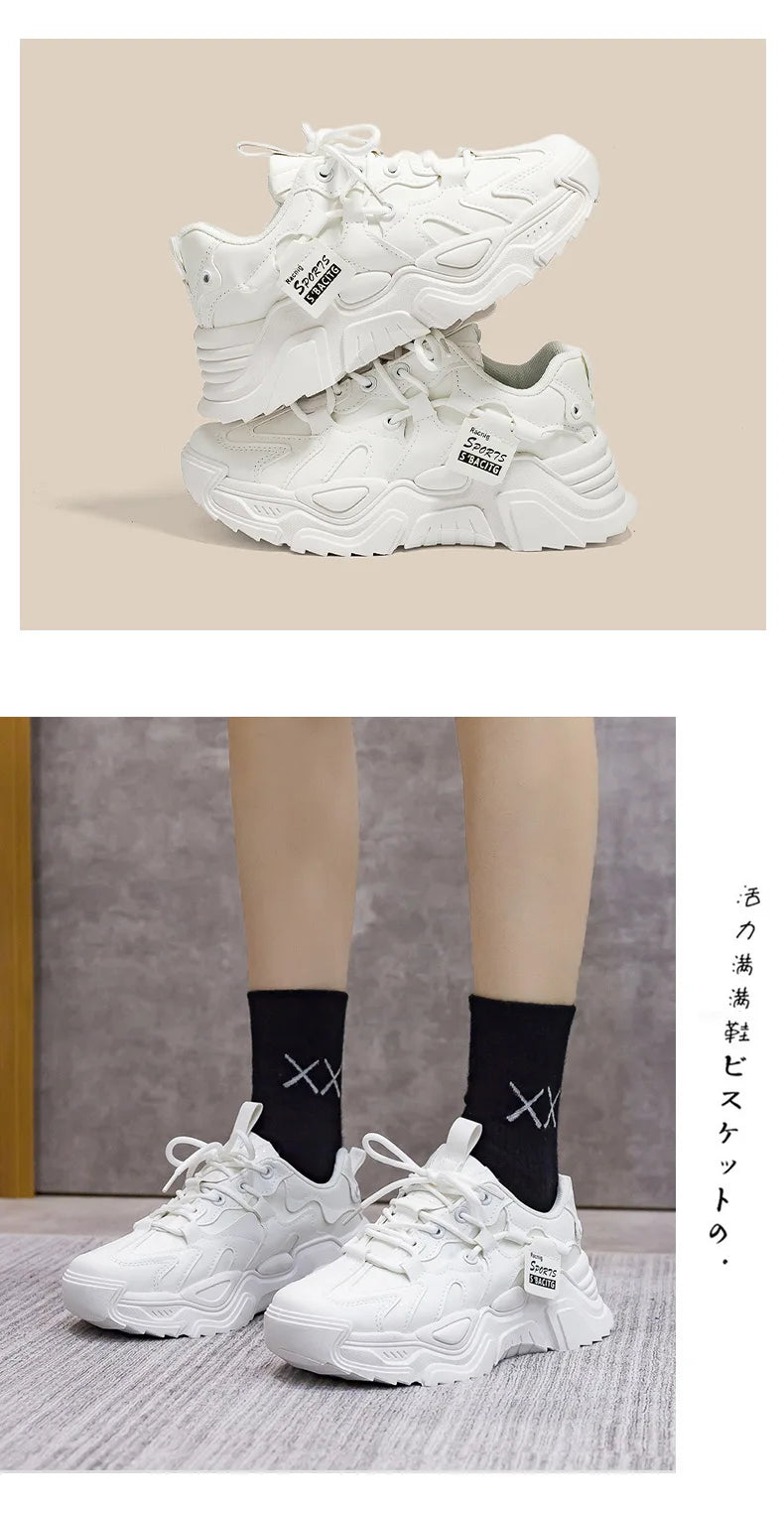 Women's Shoes Platform Autumn Leather 2023 New Versatile Black Casual Sneaker Solid Color Lace-up Vulcanize Shoes Tenis Feminino