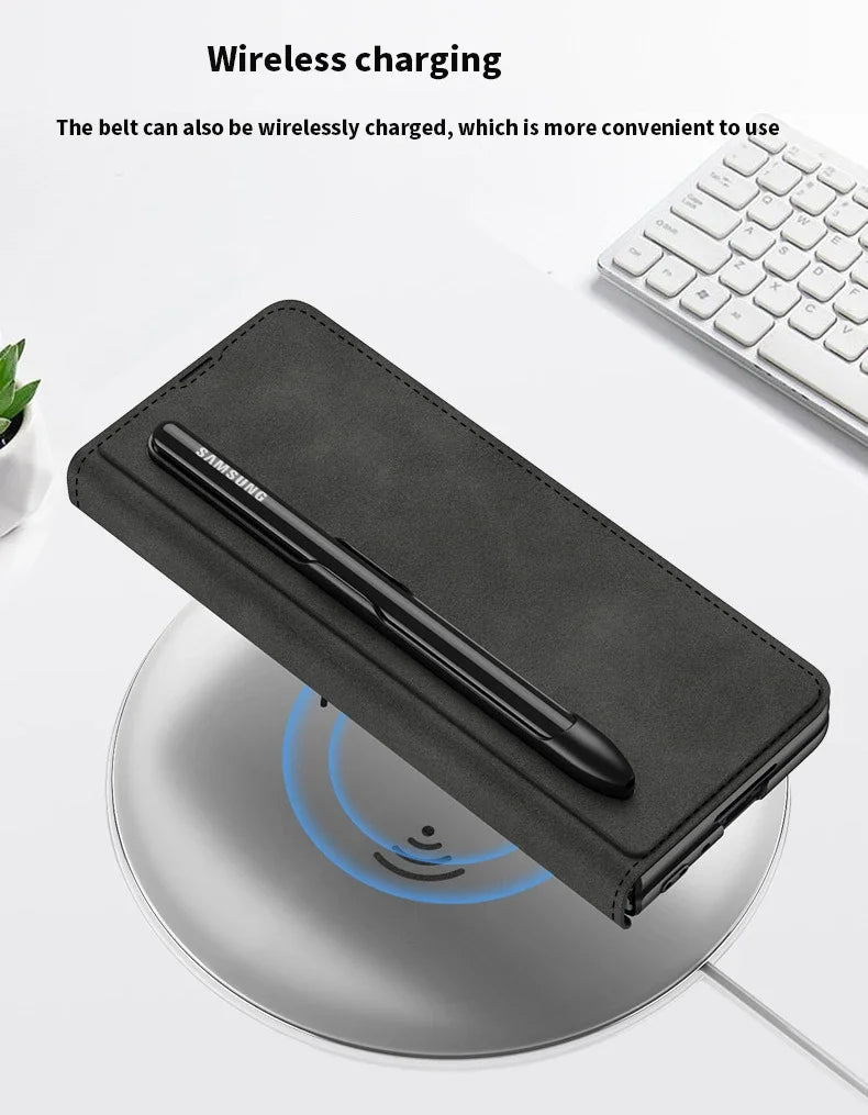 Card Slot Flip Wallet Leather Z Fold5 Fold6 Case For Samsung Galaxy Z Fold 6 5 4 3 5G With Removable S Pen Slot Holder Cover