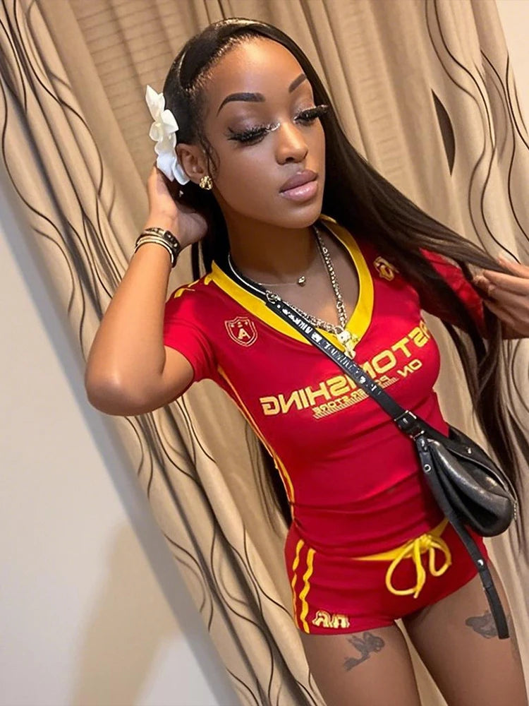 Sisterlinda Casual Summer 2 Piece Set Letter Print Crew Neck Short Sleeve T-shirts+Drawstring Slim Mini Bottoms Female Tracksuit