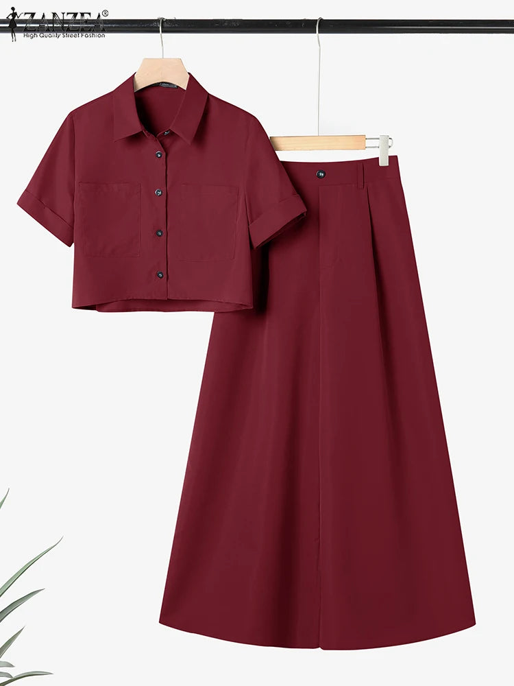 ZANZEA Plus Size 5XL Women Pant Sets Summer Two-piece Outfits Fashion Short Sleeve Shirts and High Waist Wide Leg Pants Suits