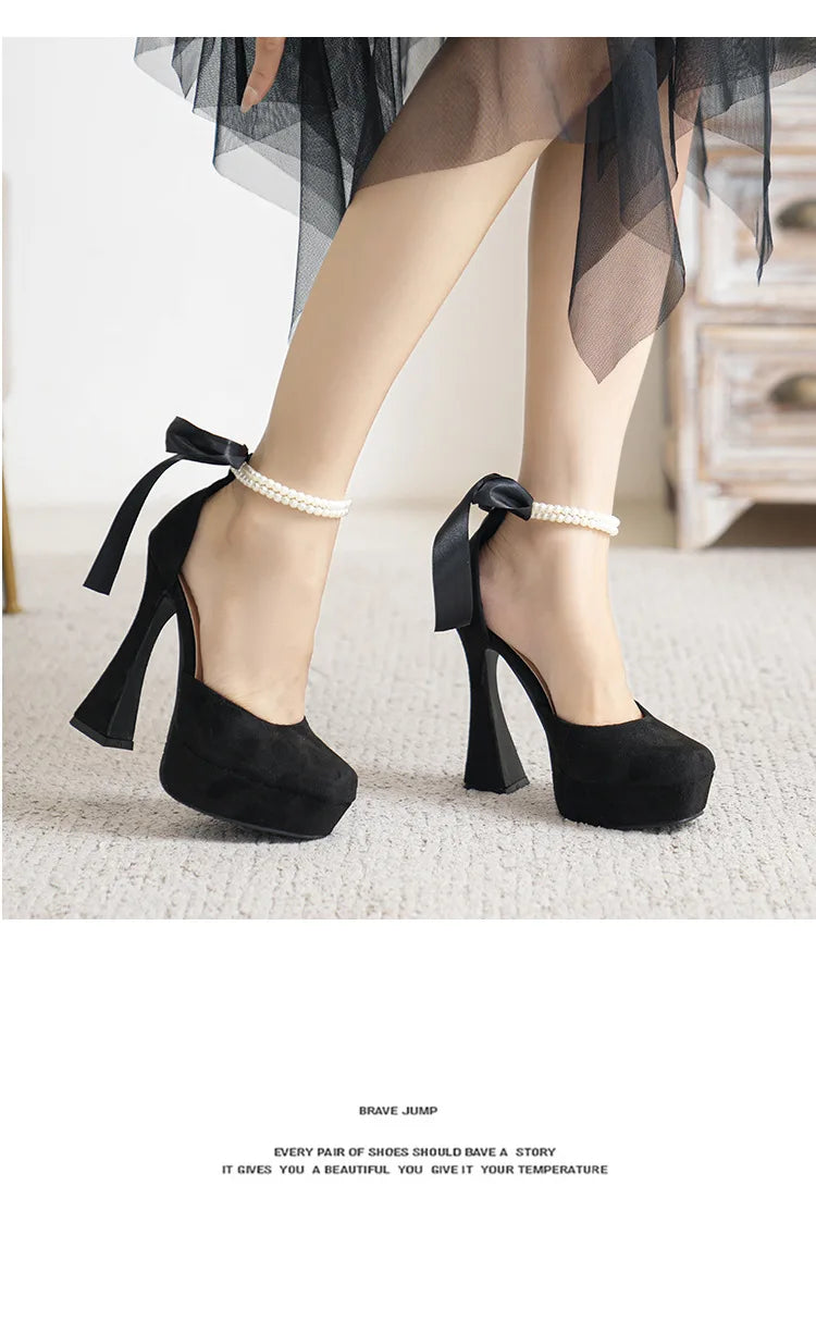 2025 Summer High Heels Womens Sandals Fashion Super High Heels Sandals Bow One Word Buckle Square Head Coarse Heels Ladies Shoes