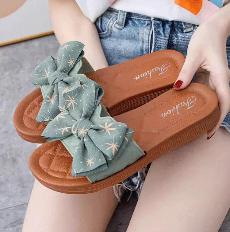 2024 Summer PVC Bow Women Sandals 3cm Thick Casual Shoes One line Elevated Flat Bottom Slippers
