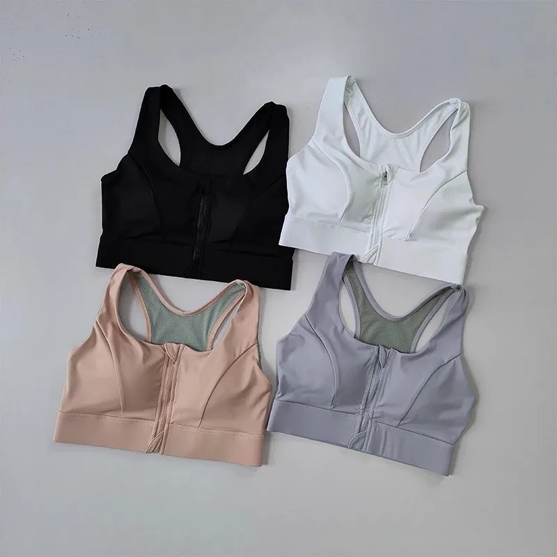 Women's High Impact Front Zipper Sports Bra Shockproof Quick Dry Yoga Top Running Vest Fitness Adjust Gym Underwear