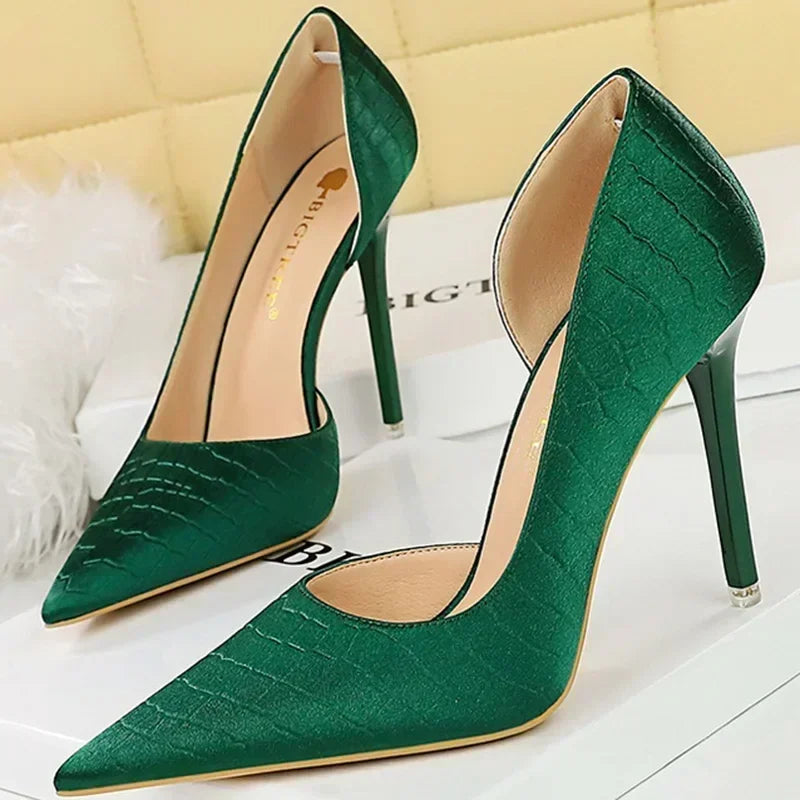 Women 11cm High Heels Retro Green Blue Fashion Catwalk Pumps Lady Silk Satin Heels Stone Pattern Design Shoes Plus Size 34-43