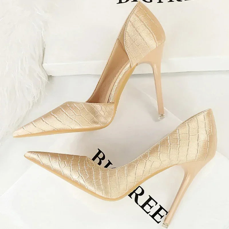 Women 11cm High Heels Retro Green Blue Fashion Catwalk Pumps Lady Silk Satin Heels Stone Pattern Design Shoes Plus Size 34-43
