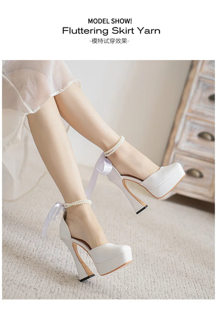 2025 Summer High Heels Womens Sandals Fashion Super High Heels Sandals Bow One Word Buckle Square Head Coarse Heels Ladies Shoes