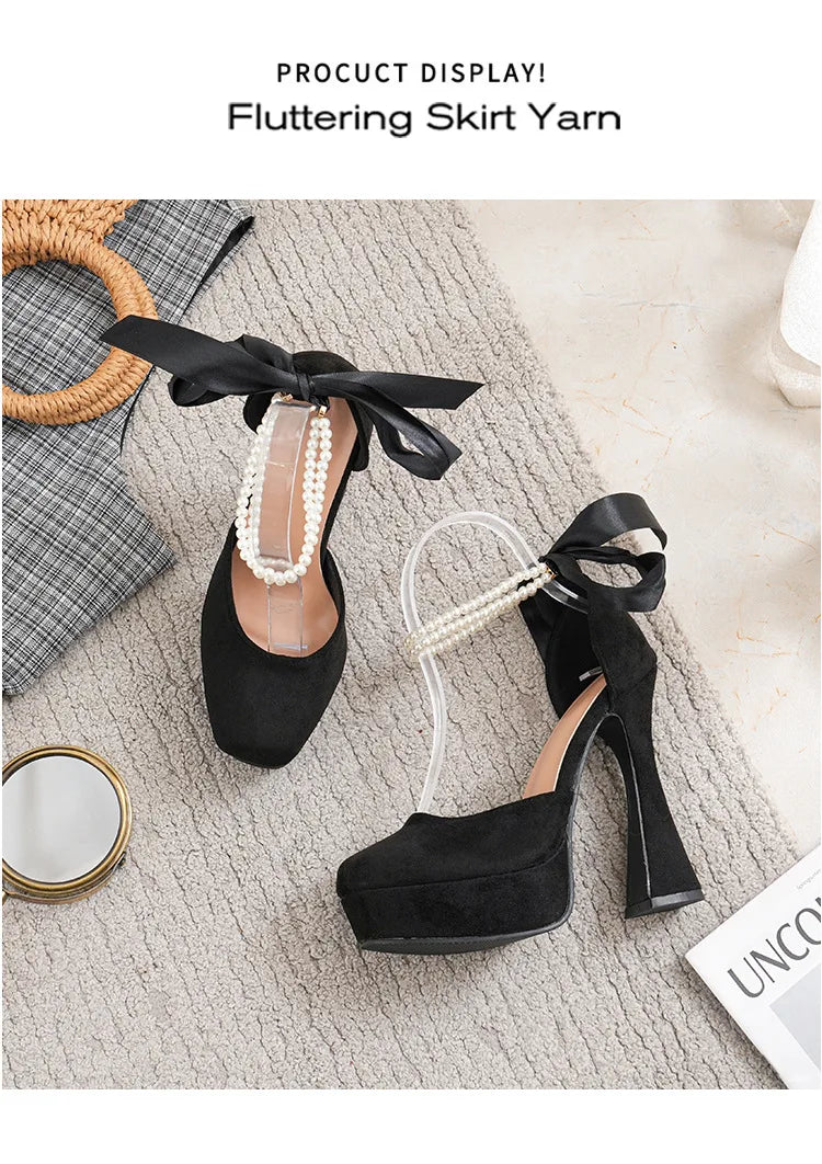 2025 Summer High Heels Womens Sandals Fashion Super High Heels Sandals Bow One Word Buckle Square Head Coarse Heels Ladies Shoes