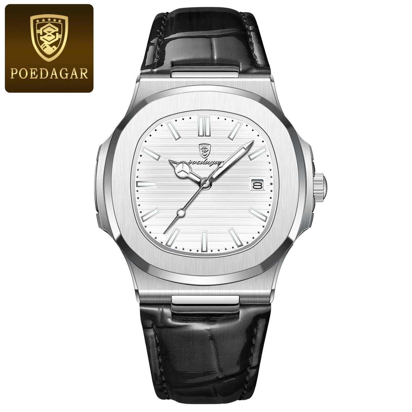 POEDAGAR Top Luxury Square Man Watch Date Waterproof Luminous Quartz Men Watches High Quality Fashion Sports Leather Men's Watch