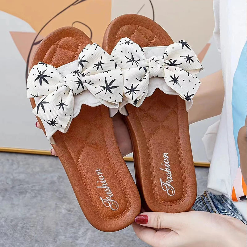 2024 Summer PVC Bow Women Sandals 3cm Thick Casual Shoes One line Elevated Flat Bottom Slippers