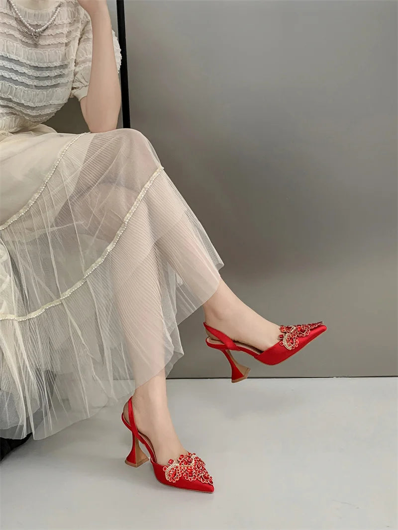 Liyke Spring Summer Fashion Crystal Rhinestone Women Pumps Sexy Pointed Toe Red High Heels Party Wedding Prom Shoe Sandal Female