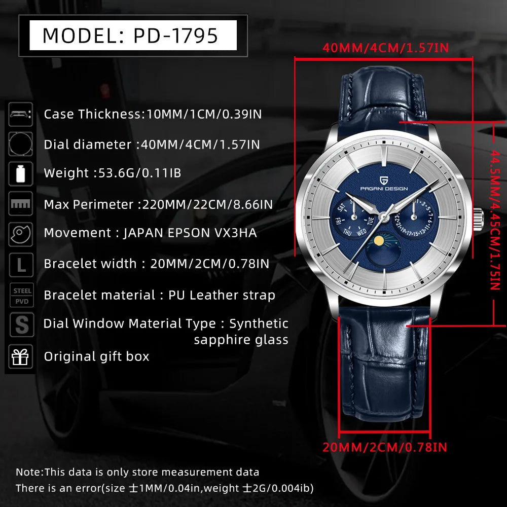 Pagani Design 2025 New 40mm Moon Phase Multifunctional Men Watch 100m Waterproof Sapphire Glass Men Quartz Watches
