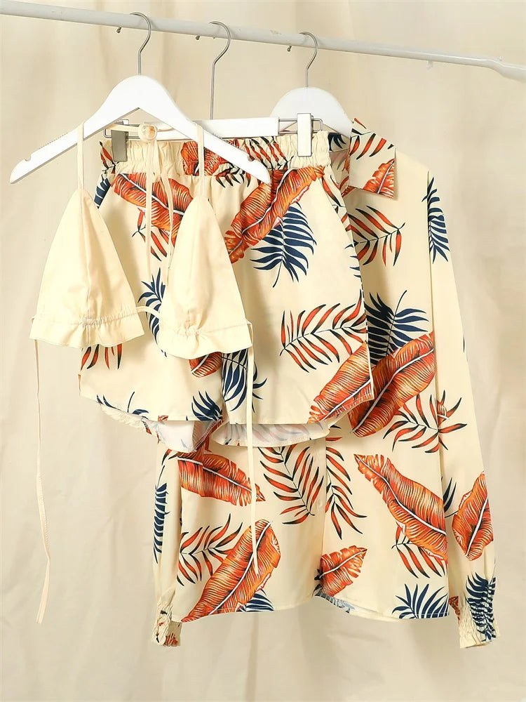 Three Pieces Swimwear Sexy Beachwear High Waist Bikini Set Print Women's Swimsuit