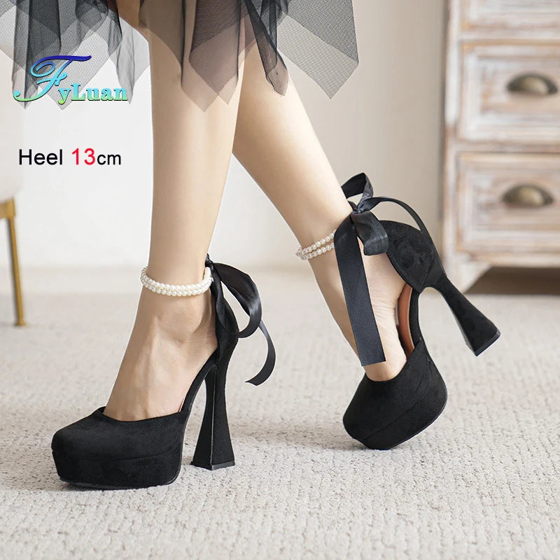 2025 Summer High Heels Womens Sandals Fashion Super High Heels Sandals Bow One Word Buckle Square Head Coarse Heels Ladies Shoes