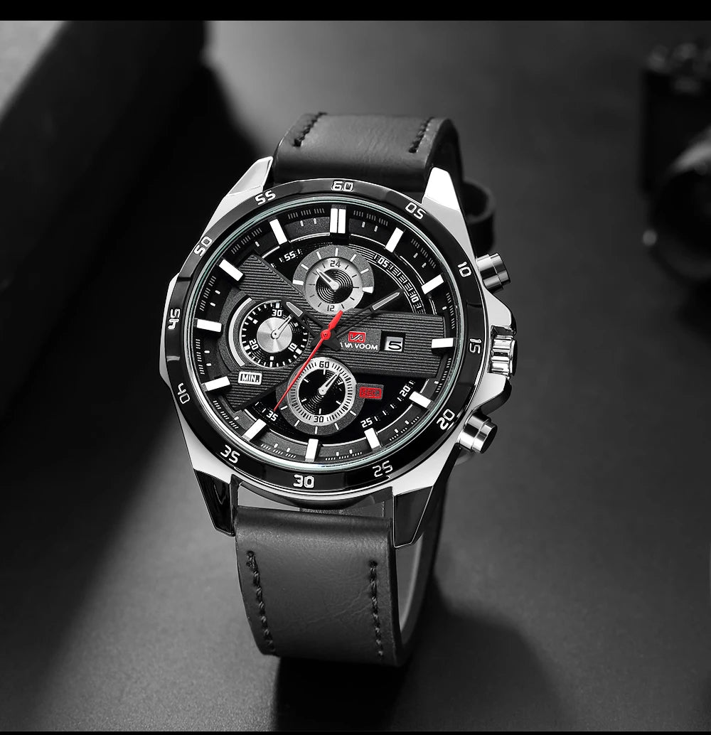 Black Leather Watch Top Brand Motorsport Series 46mm Large Military Style Quartz Movement Decorative Calendar Watch reloj hombre