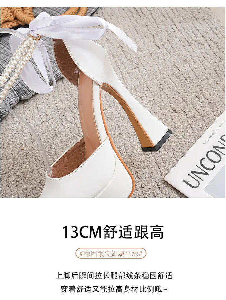 2025 Summer High Heels Womens Sandals Fashion Super High Heels Sandals Bow One Word Buckle Square Head Coarse Heels Ladies Shoes