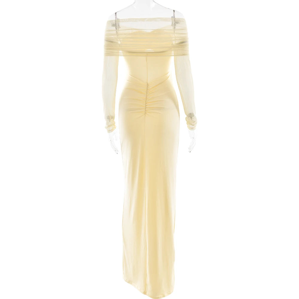 JULISSA MO Sexy Off Shoulder Hollow Out Women Maxi Dress Yellow Long Sleeve Ruched Dress Summer Slim Elegant Party Evening Dress