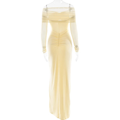 JULISSA MO Sexy Off Shoulder Hollow Out Women Maxi Dress Yellow Long Sleeve Ruched Dress Summer Slim Elegant Party Evening Dress
