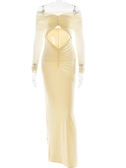 JULISSA MO Sexy Off Shoulder Hollow Out Women Maxi Dress Yellow Long Sleeve Ruched Dress Summer Slim Elegant Party Evening Dress