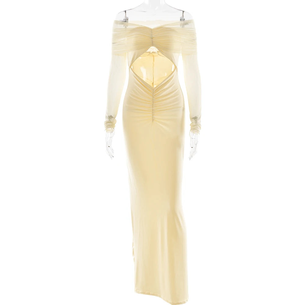 JULISSA MO Sexy Off Shoulder Hollow Out Women Maxi Dress Yellow Long Sleeve Ruched Dress Summer Slim Elegant Party Evening Dress